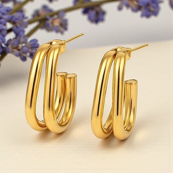 🆕️Minimalist Double C-Hoop Earrings - 18K Gold Plated Stainless Steel Earrings✨ - Picture 9 of 14